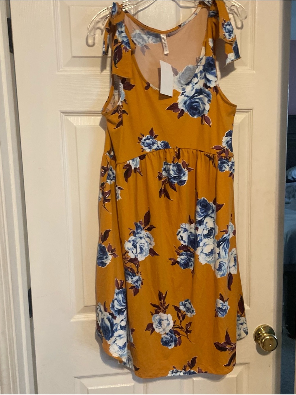 Emerald Mustard Yellow Floral Tank Dress with Blue Rose Print size large